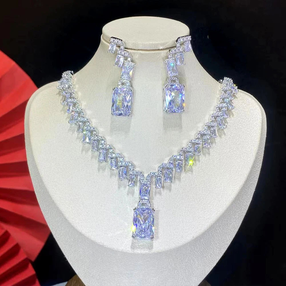 European Bridal Zirconia Necklace And Earrings Set For Women