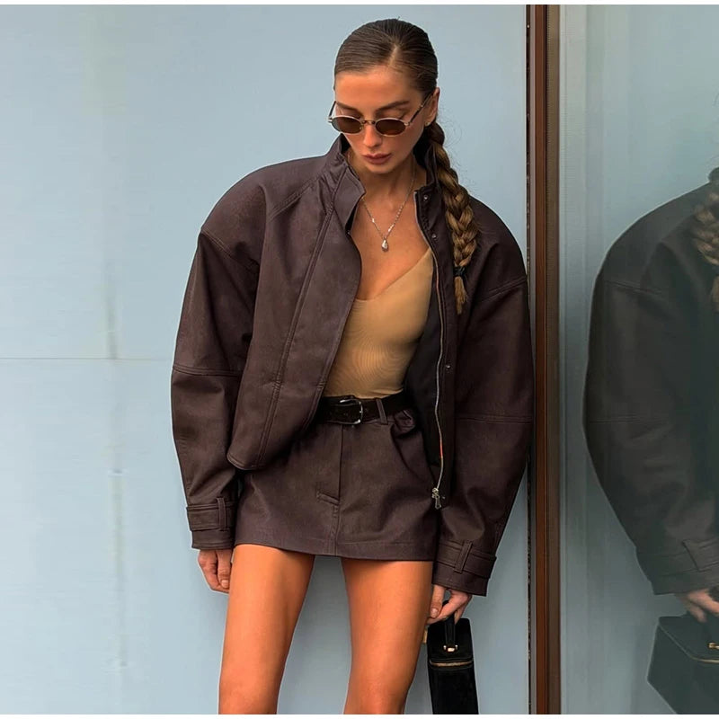Vintage Suede Jacket and Mini Skirt Two Piece Set for Women