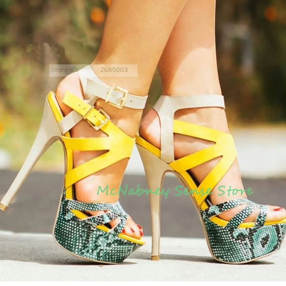 Snakeskin Color Block Peep Toe Platform High Heel Sandals for Women