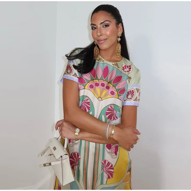 Elegant Floral Print Feather Hem Maxi Dress For Women