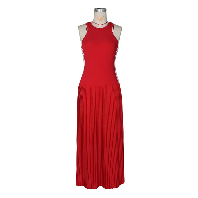 Side Striped Patchwork Pleated Sleeveless A Line Dress for Women
