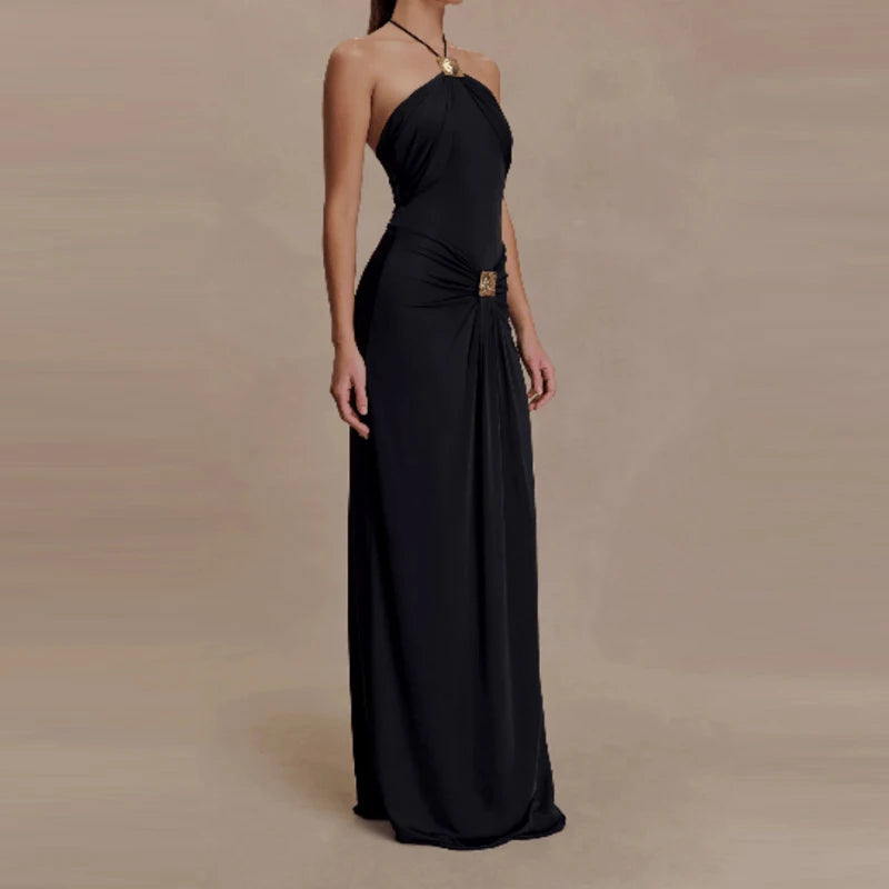 Elegant Sleeveless Draped Halter Evening Dress for Women