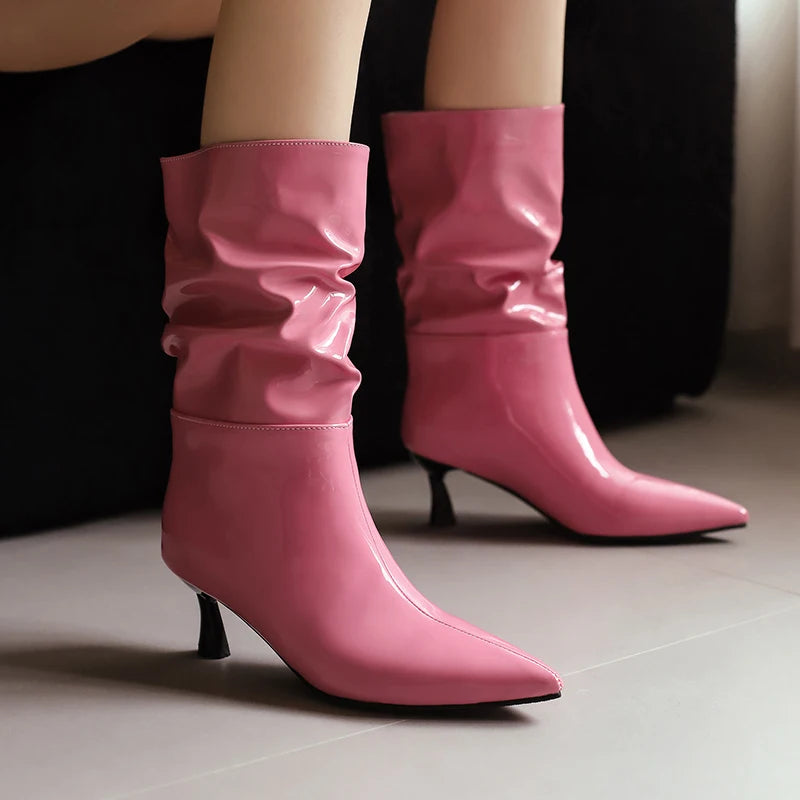 Patent Leather Pointed Toe Mid Calf Slouch Boots for Women