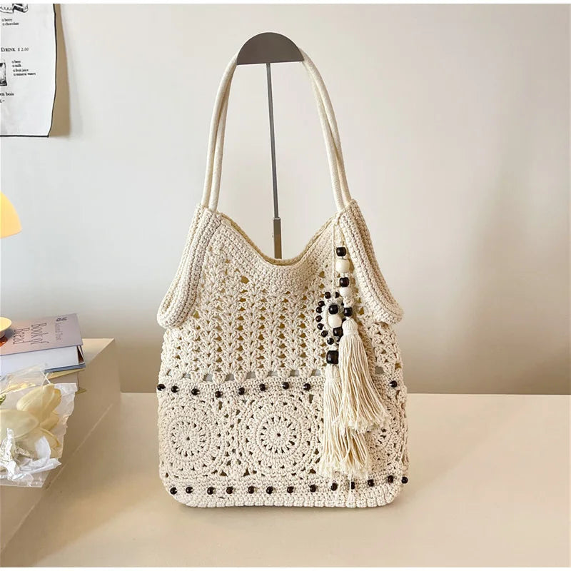Hollow Crochet Women Bags Bohemian Large Capacity Handbags Korean Popular Bag New Tassel Cotton Shopping Bag Shoulder Bag Women