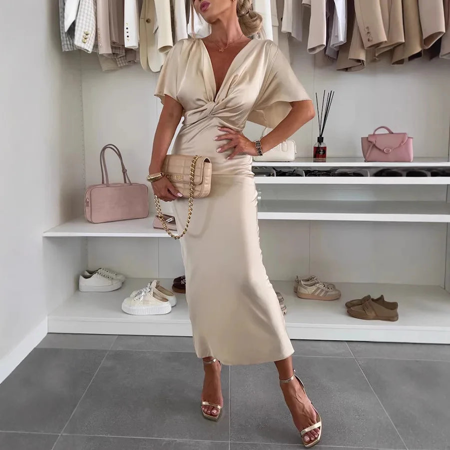 2025 Womens Satin Dresses Summer Khaki Black Blue Dress Woman V-Neck Bat Sleeve Vestidos Elegant Luxury Dresses