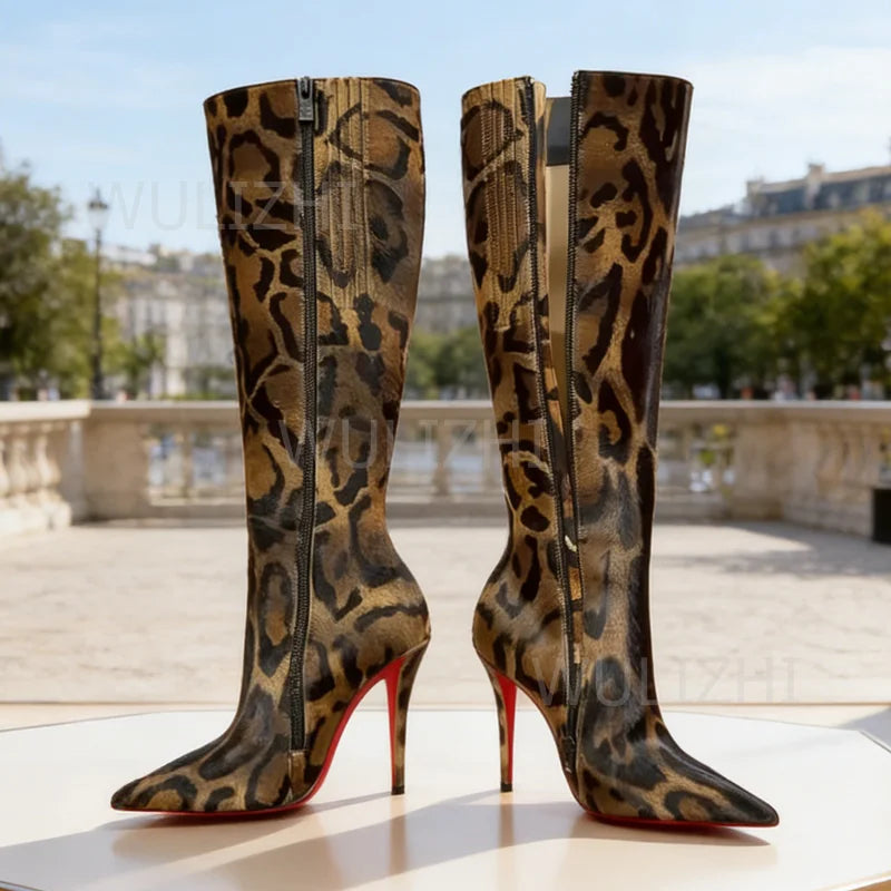 Leopard Print Faux Fur Knee High Stiletto Boots for Women