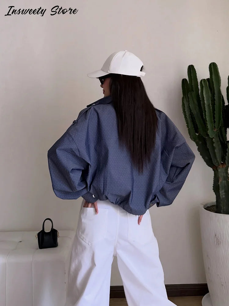 Casual Cropped Jacket With Stand Collar and Drawstring Hem for Women