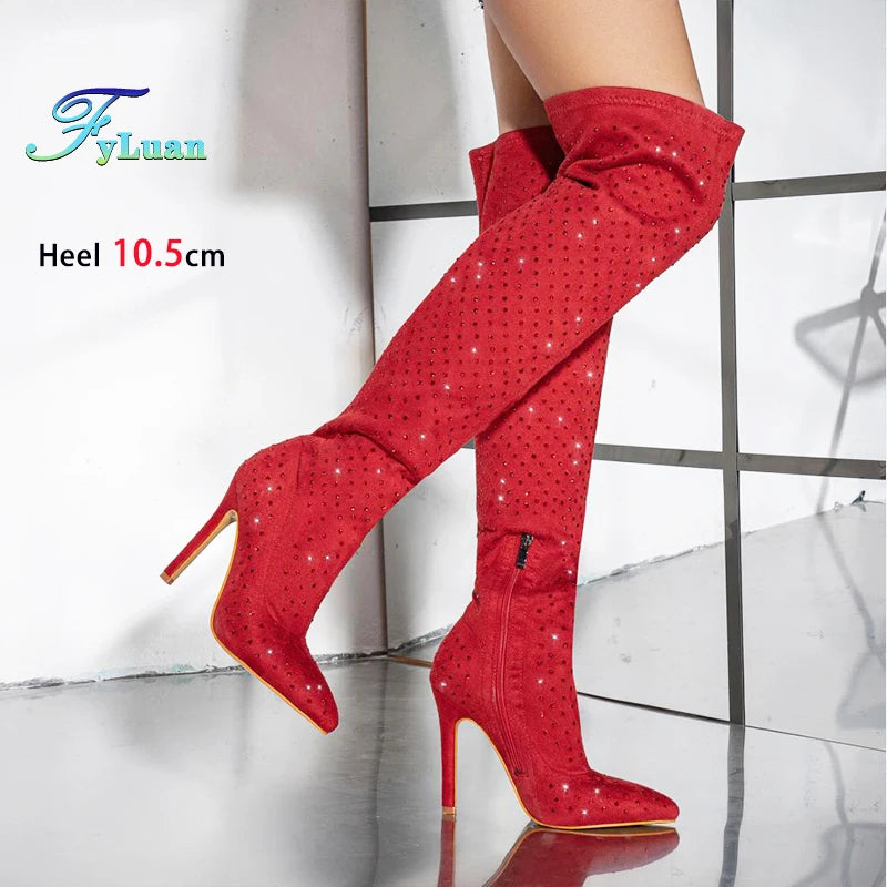 Stylish Suede Over The Knee Rhinestone Pointed Toe High Heel Boots for Women