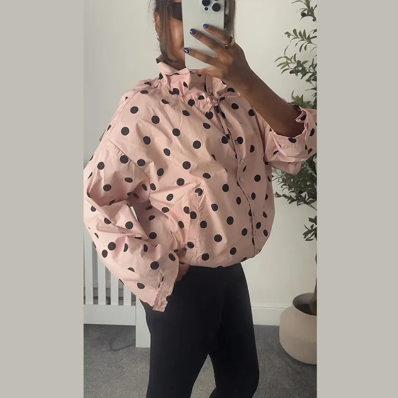 Polka Dot Lace Up Stand Collar Single Breasted Jacket for Women
