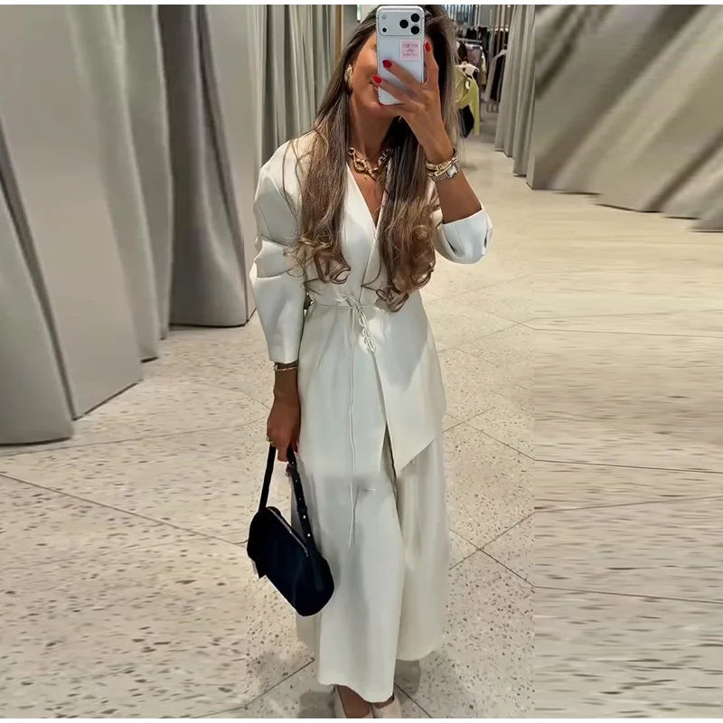 Lace Up Jacket and Wide Leg Pants Suit Set for Women