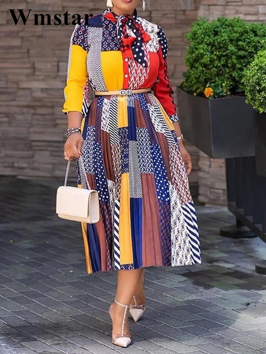 Wmstar Women Dress Summer Commute Elegant Bandage Female Clothing A-Line Tie Bow Neck Street Fashion Designer Slim Midi Dresses