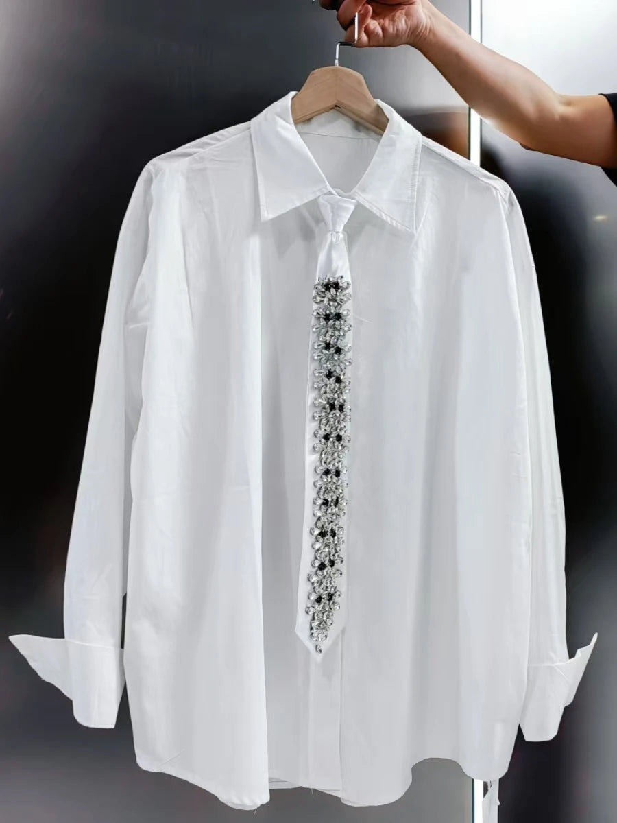 Relaxed Fit Diamond Embellished Long Sleeve Cotton Shirt for Women
