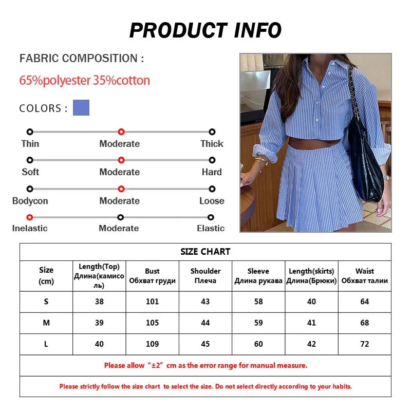 Oymimi Elegant Blue Striped Print Sets For Women 2 Pieces Fashion Long Sleeve Button Crop Tops And High Waist Pleated Skirts Set