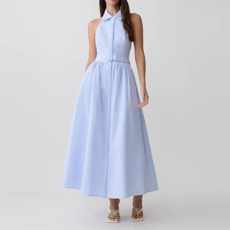 Vintage Striped Belted Ankle Length Shirt Dress for Women