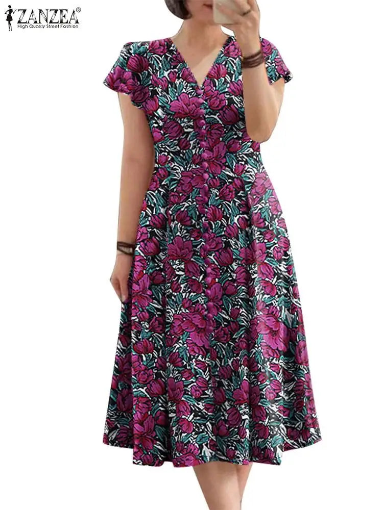 Floral V-Neck Ruffle Sleeve Midi Dress