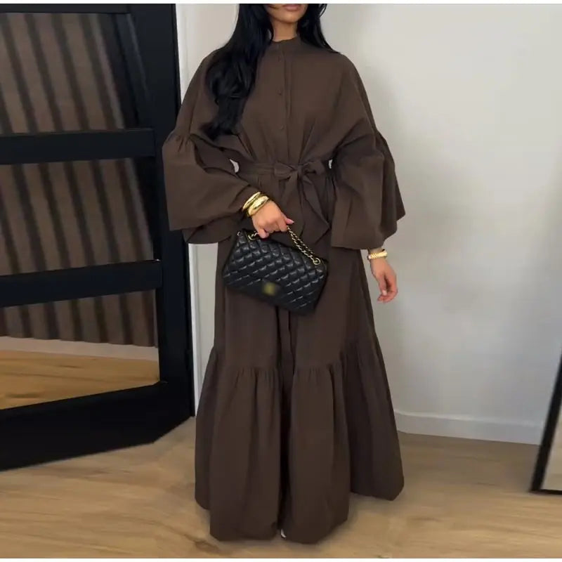 Casual Belted Long Lantern Sleeve Button Dress for Women