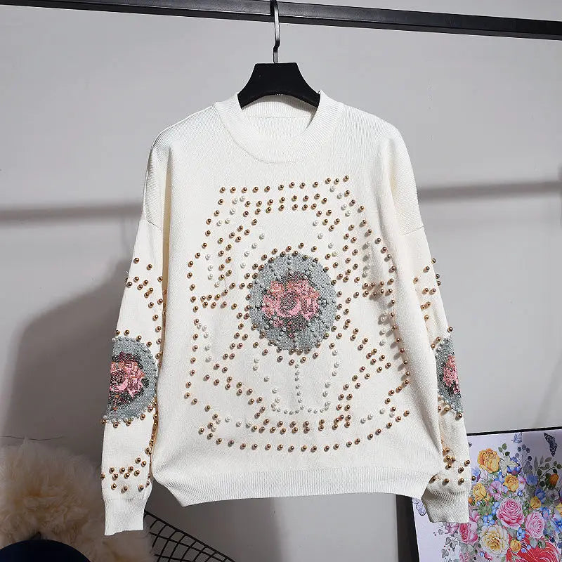 Spring Autumn Women Knitting Suits Trendy Beading Cross Stitch Pullover Sweater Top + Loose Casual Harem Pants White Knit Sets