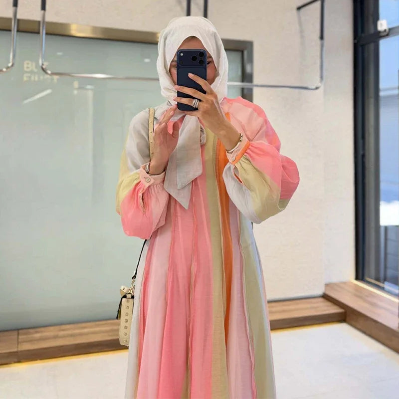 Elegant Chic Color Stripe Balloon Sleeve Dress for Women