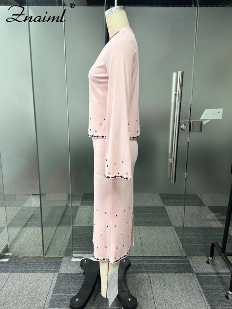 Znaiml Pink Diamonds Patchwork Two Piece Set for Women V-Neck Long Sleeve T-shirt Tops and Pencil Skirt Suit Casual Female New
