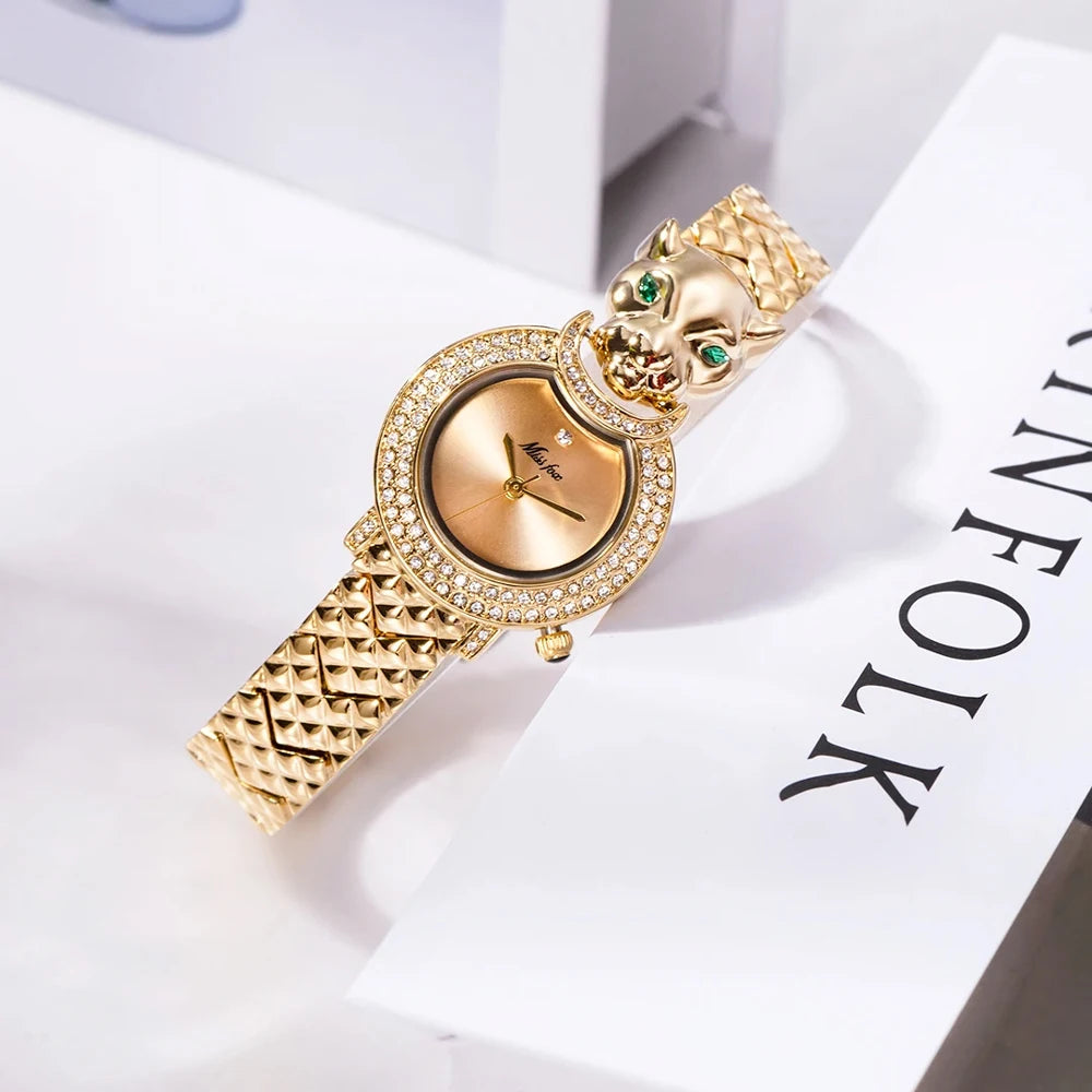 Wristwatch Leopard Print 3D Bling Diamond Dial Alloy Case Quartz Movement Casual Style