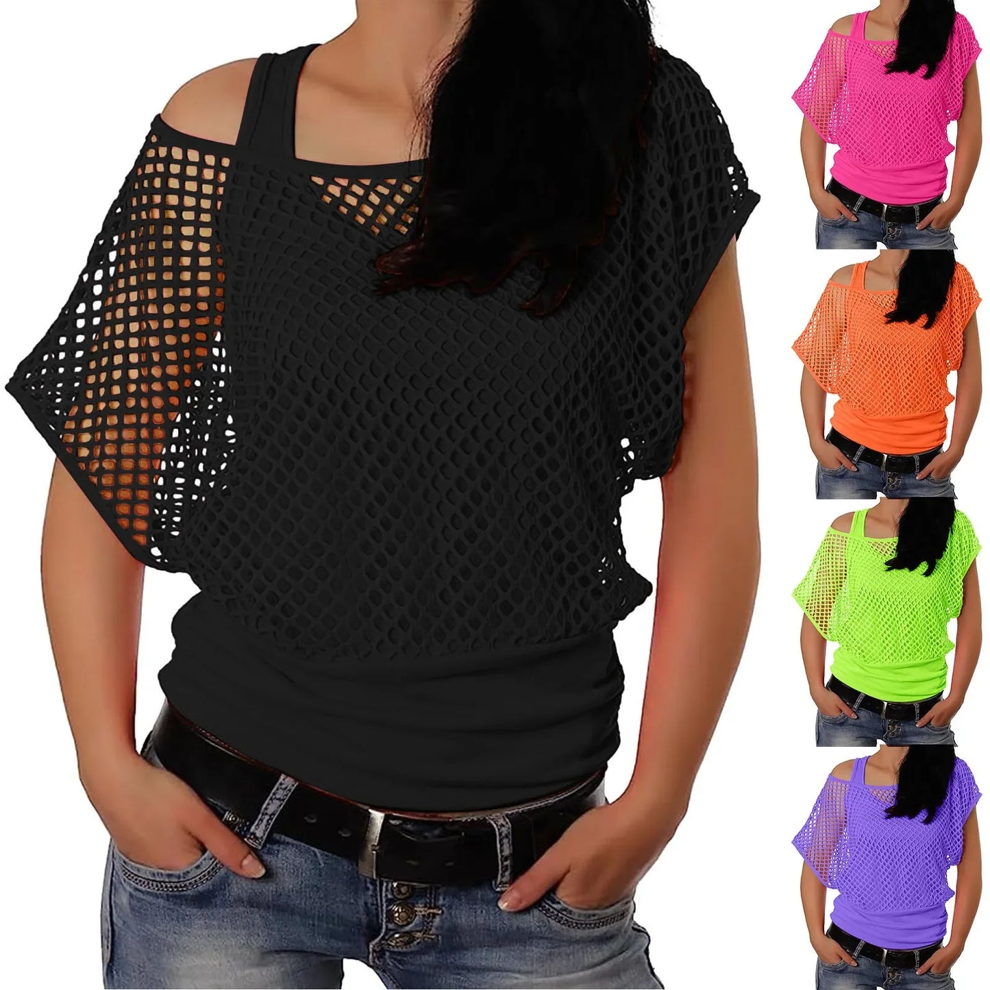 Vintage Neon Fishnet Short Sleeve Off Shoulder Top for Women