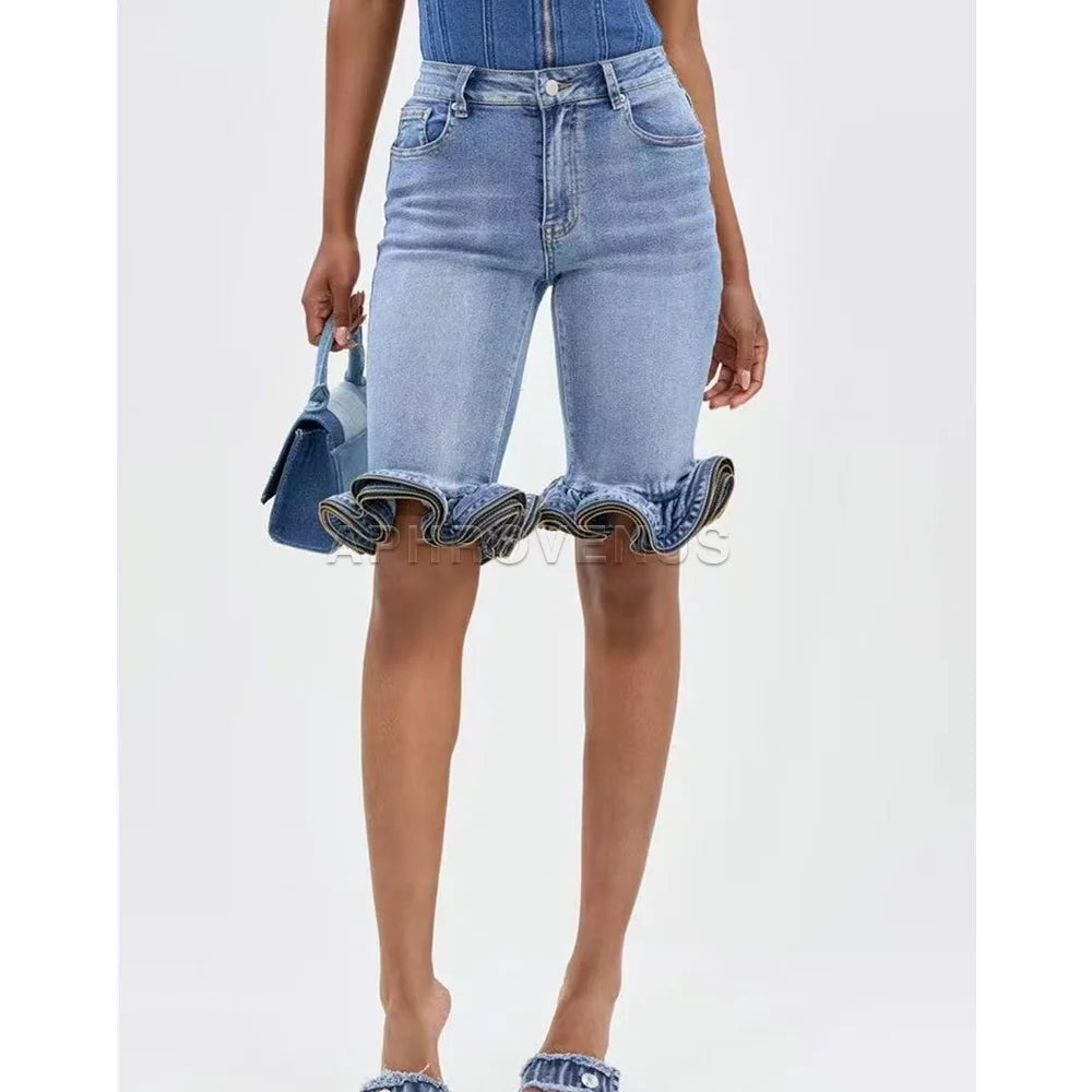 Casual High Waist Ruffle Hem Denim Shorts For Women