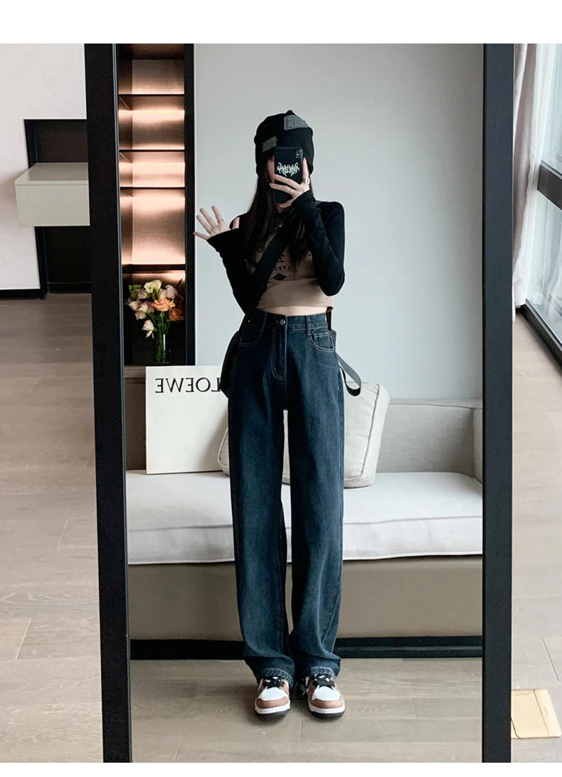 High Waist Casual Wide Leg Straight Jeans for Women
