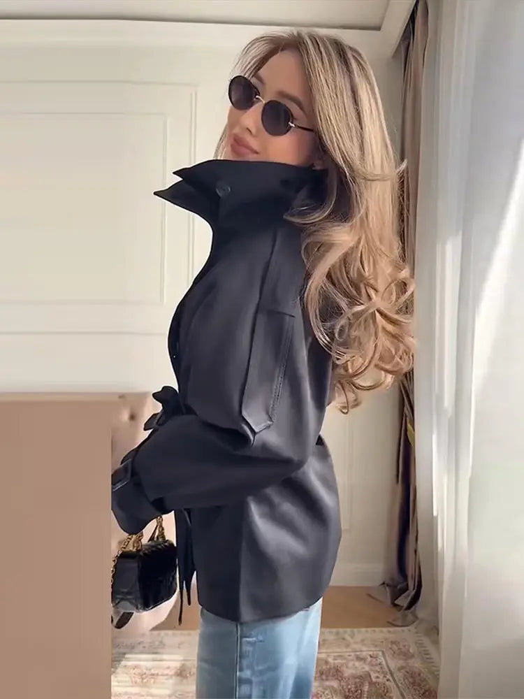 Relaxed Fit Belted Single Breasted Jacket for Women