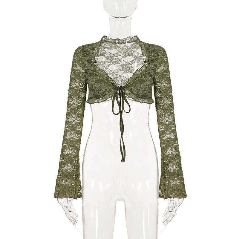 Green Sheer Lace V-Neck Flare Sleeve Top for Women