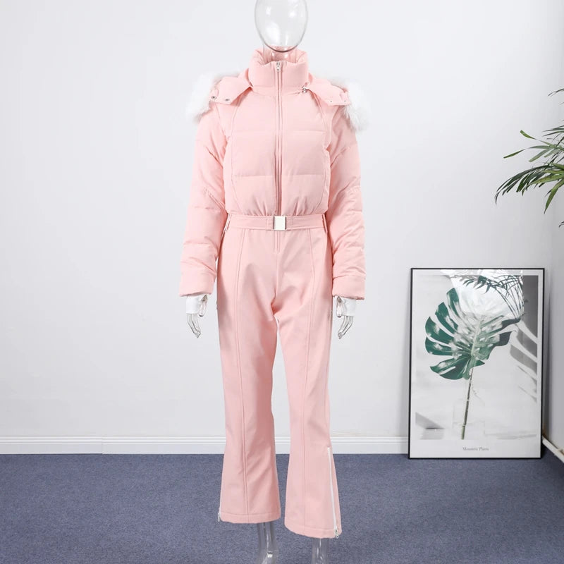 High Waist Full Zip Hooded Windproof Ski Jumpsuit For Women
