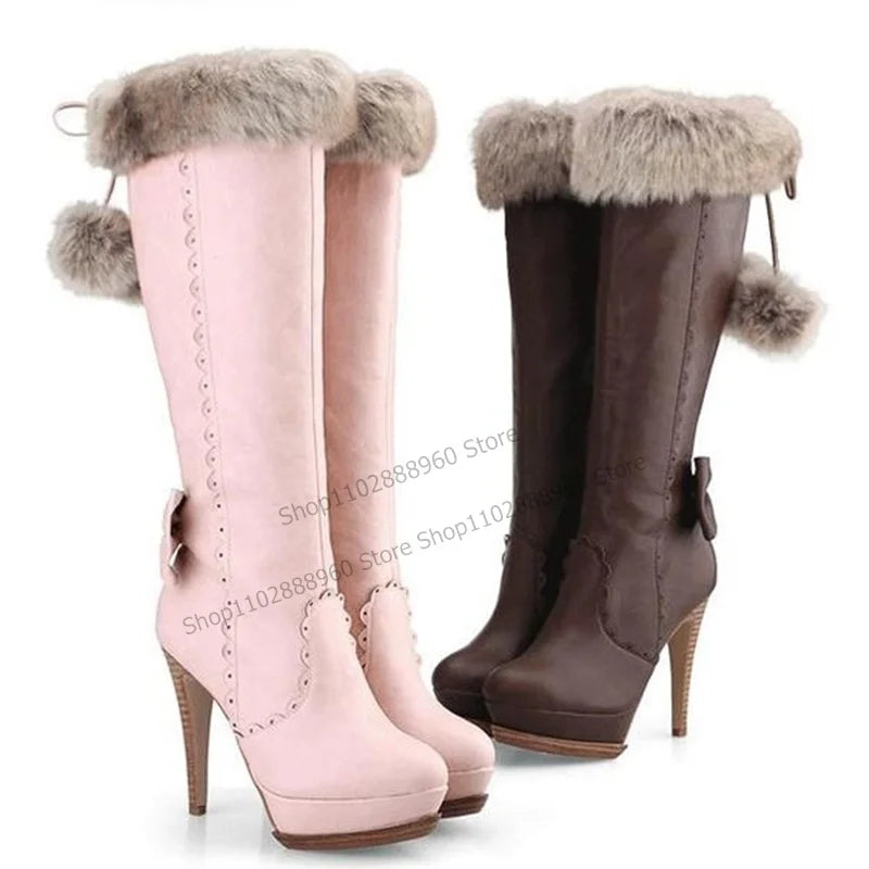 Slip On Brown Pointed Toe Platform Fur Bow Knee High Boots for Women