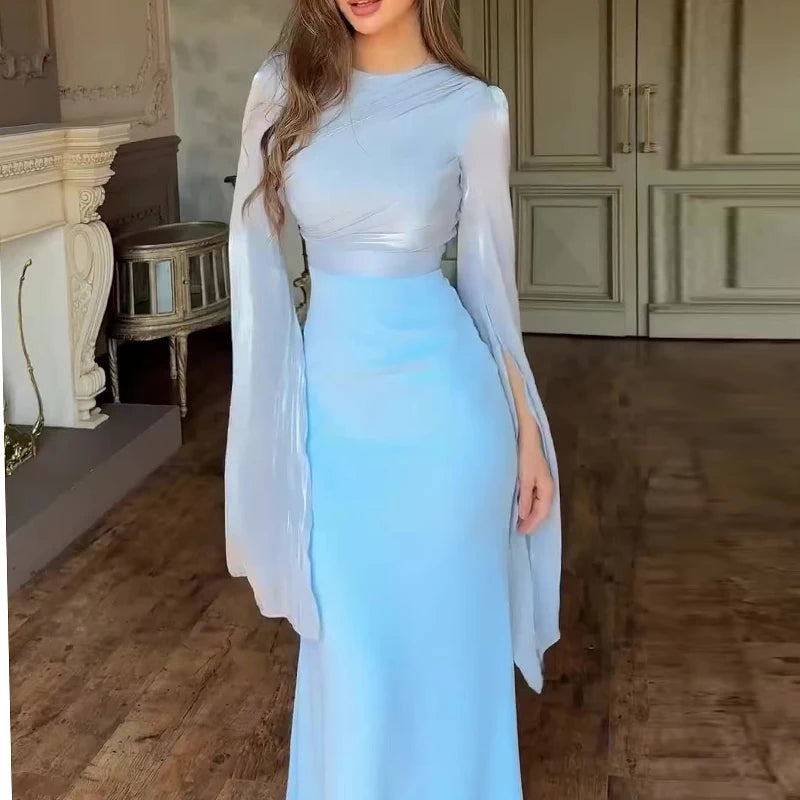 Women's Spring Solid Spliced Satin Maxi Dress Sexy O Neck Slim Bodycon Hip Long Dress Summer Batwing Sleeve Hollow Evening Dress