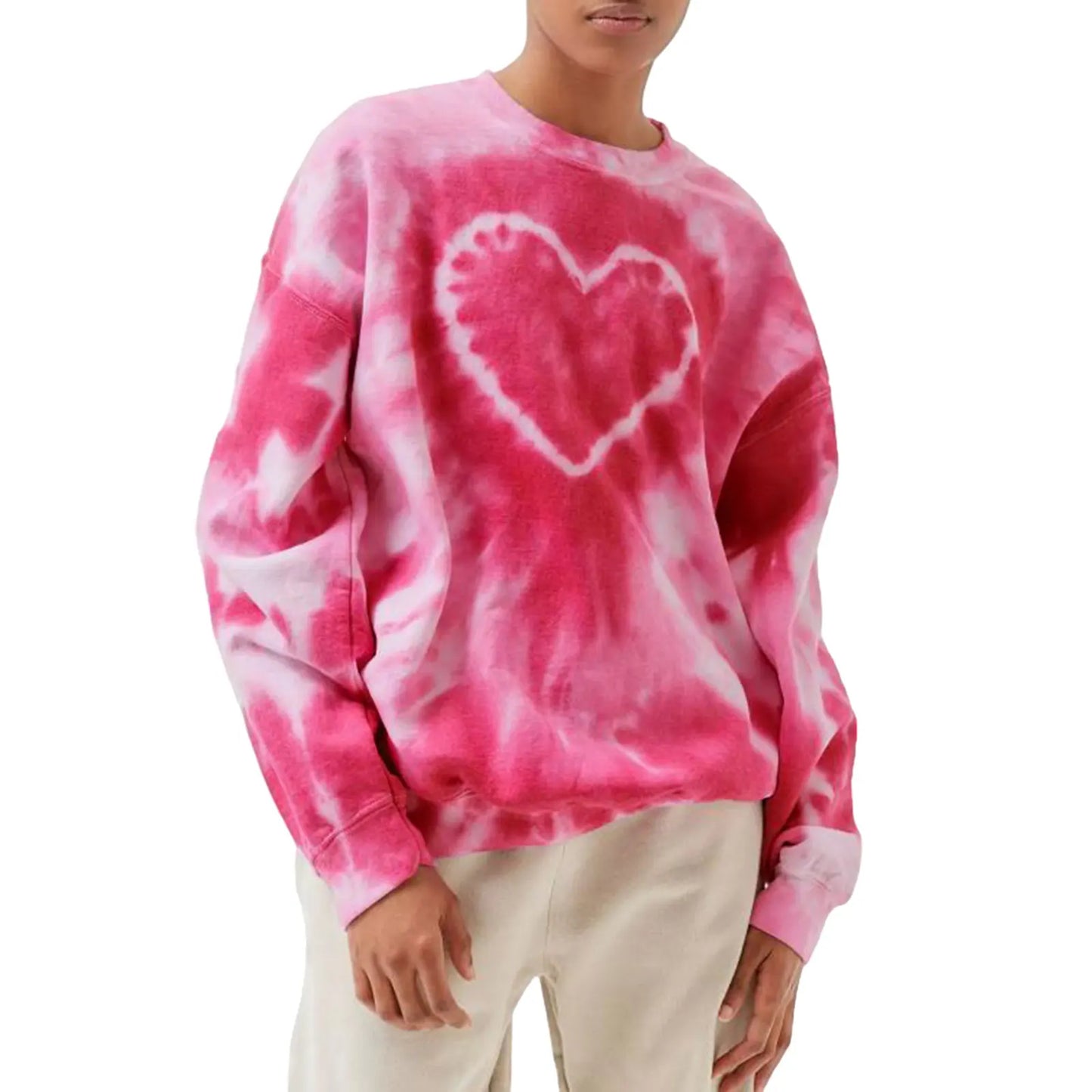 Women's Spring and Autumn Loose Heart Tie Dye Round Neck Sweatshirt Long Sleeve Heart Tie Dye Printed Round Neck Sweatshirt
