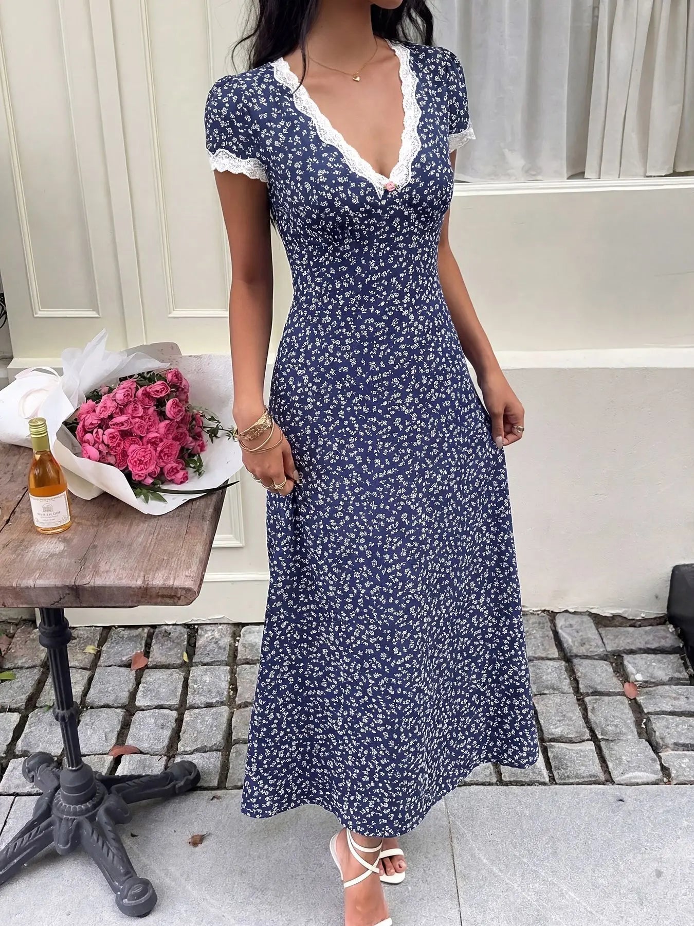 Elegant Patchwork Lace Midi Dress with Casual Print for Women