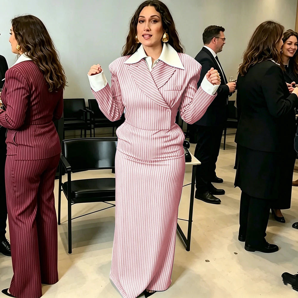 Navy Pinstripe Single Breasted Blazer Skirt Set for Women