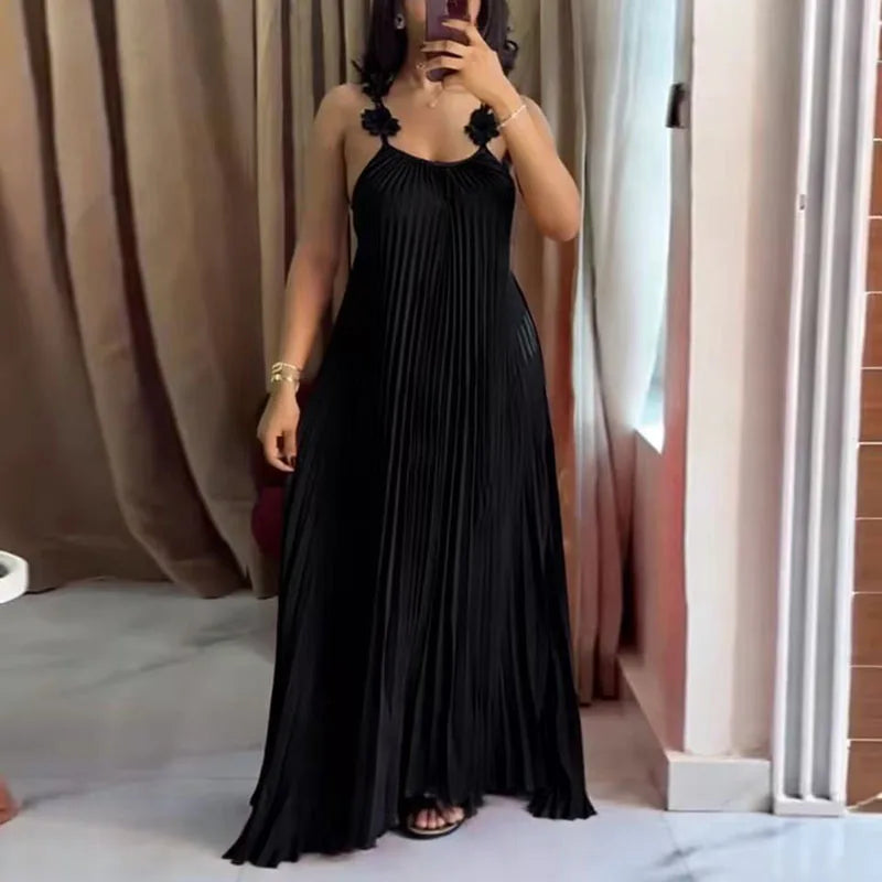 Pleated Strapless Flower Detail Maxi Dress for Women