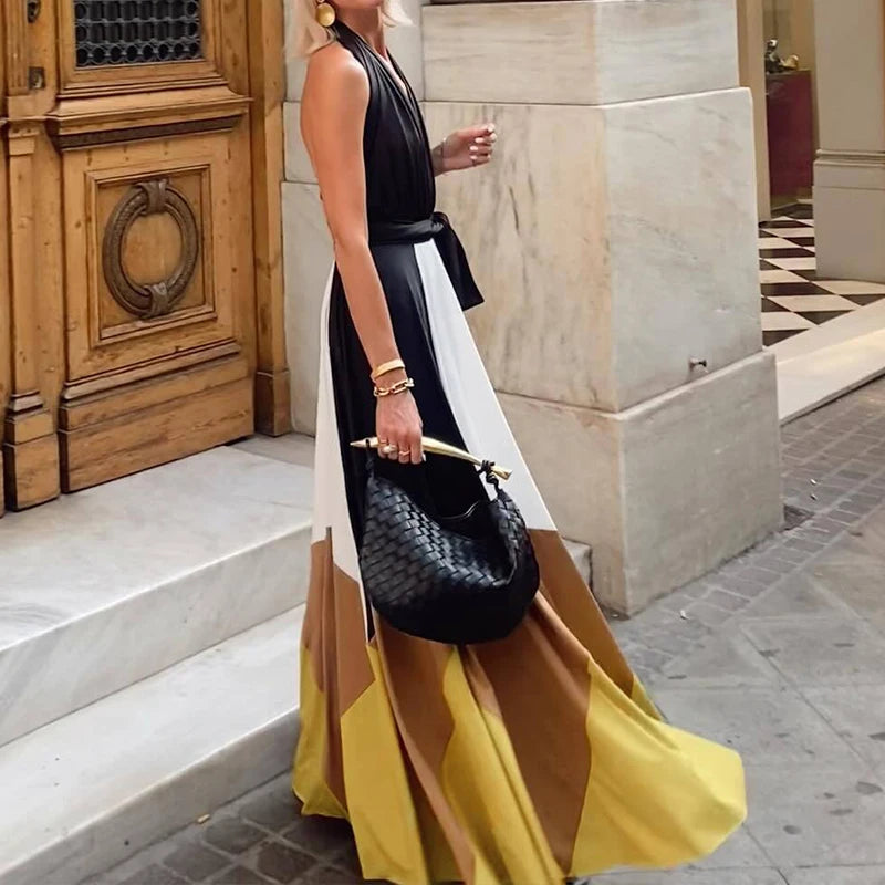 Bohemian Patchwork Backless Halter Dress for Women