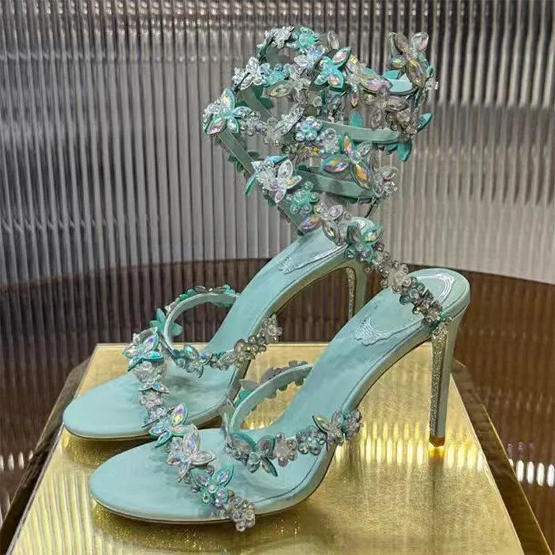 Crystal Strappy Wrap Ankle Stiletto Sandals for Women