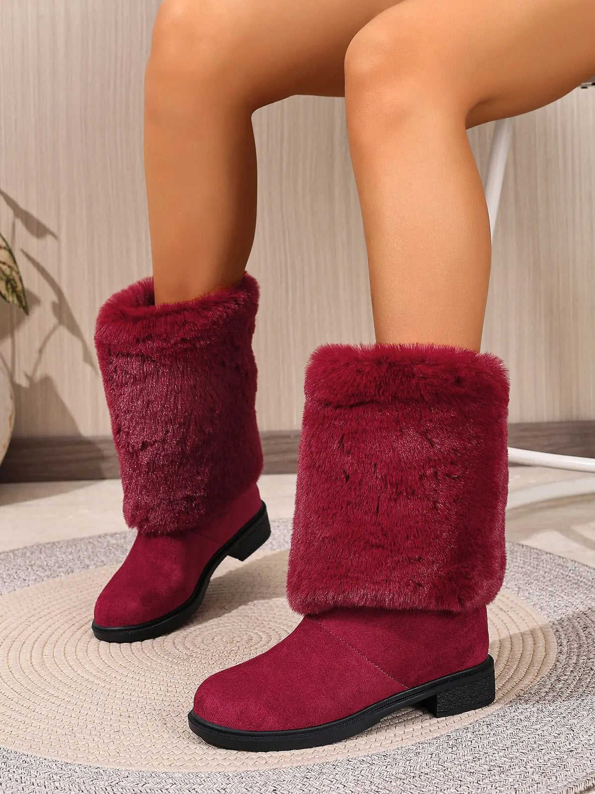 Plush Faux Fur Slip On Mid Calf Winter Snow Boots For Women