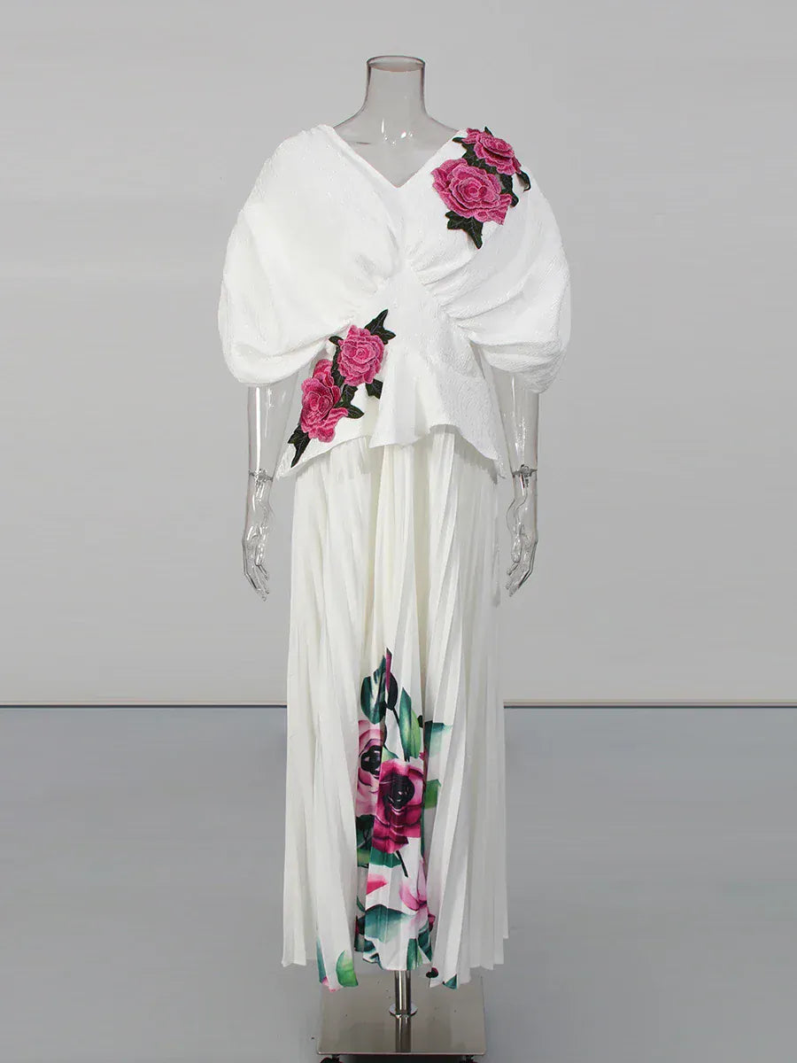 TWOTWINSTYLE Printing Spliced Embroidery Elegant Dresses for Women V Neck Short Sleeves Tunic Patchwork Folds Long Dress Female