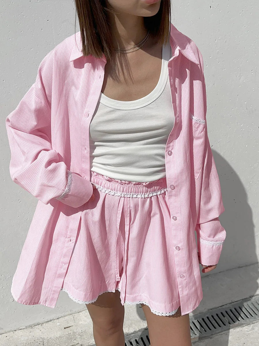 Striped Long Sleeve Cotton Shirt And Shorts Set For Women