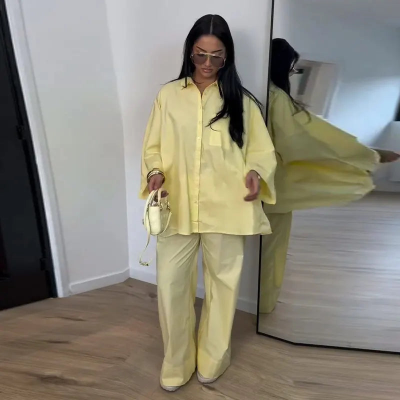Casual Solid Shirt and Wide Leg Pants Set for Women