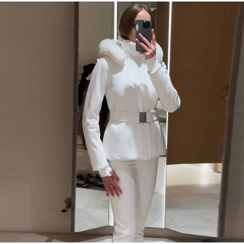 Warm Fur Trim Hooded Winter Ski Suit with Belt for Women
