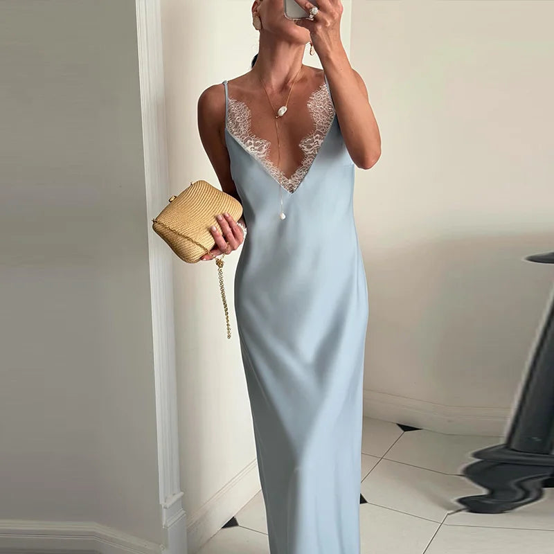 Elegant Lace V Neck Backless Maxi Evening Dress for Women