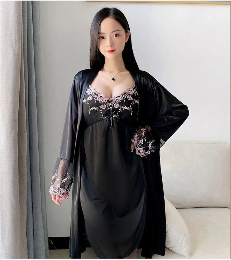 Comfortable Relaxed Fit Lace Up Two Piece Robe Set For Women