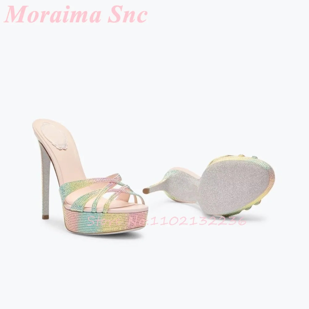 Crystal Rhinestone Platform Stiletto Crisscross Mules for Women