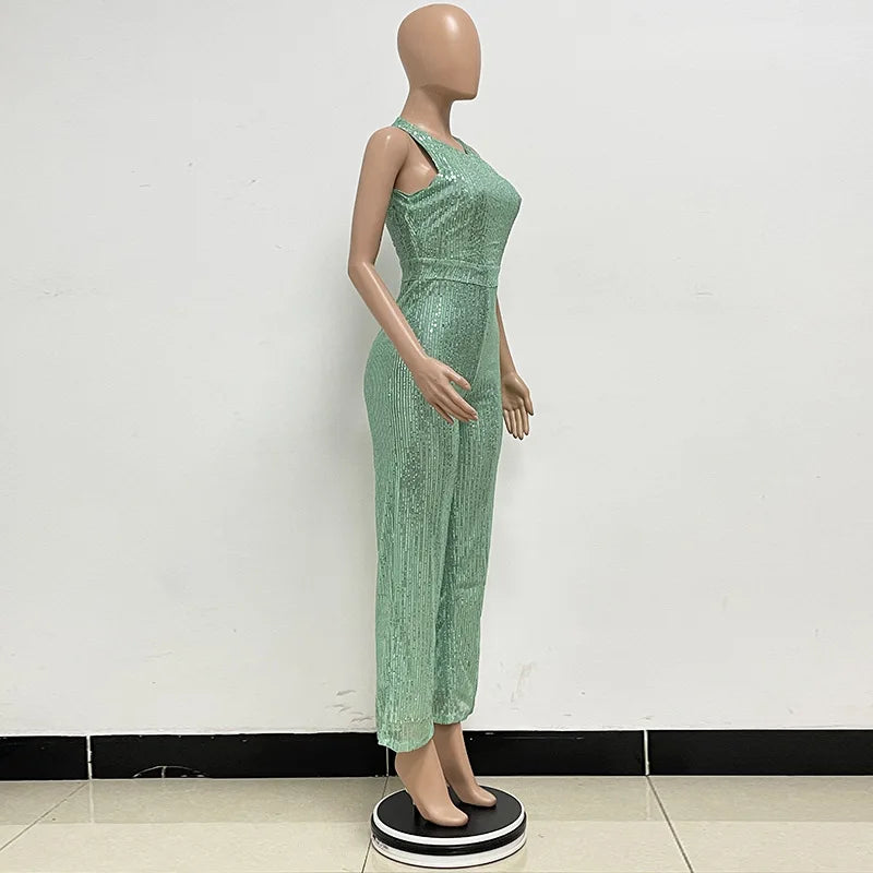 Elegant Silver Sequined Straight Cut Jumpsuit for Women