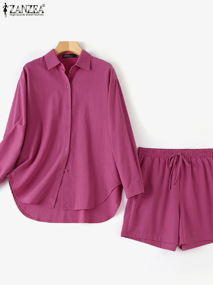 ZANZEA Woman Vintage Solid Matching Sets Spring Casual Street Suit Long Sleeve Lapel Shirt Loose Shorts Elegant Tracksuit