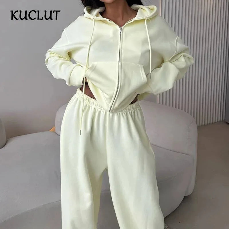 KUCLUT Fashion Sports Suit Long Sleeve Zipper Cardigan Hooded Sweatshirt Drawstring Elastic Trousers Two-piece Set Female 1A717