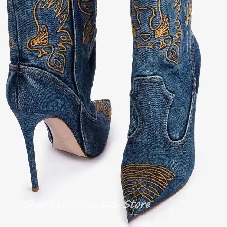 Embroidery Punk Point Toe Mid Calf Boots With Thin Heel For Women